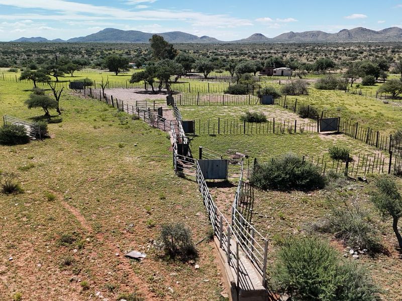 Aerial view of farm infrastructure featuring livestock handling pens, metal fencing, and a loading ramp set within a large rural landscape.