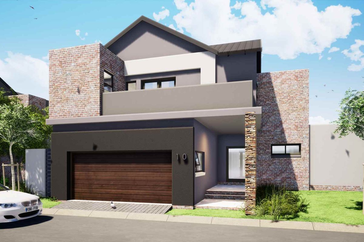 Modern double-story cluster home featuring a contemporary brick and plaster facade, double garage, and an upper-level balcony.