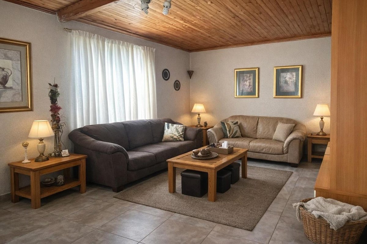 A comfortable living room featuring a warm timber-clad ceiling and neutral tiled flooring, providing a cozy and functional space for relaxation.