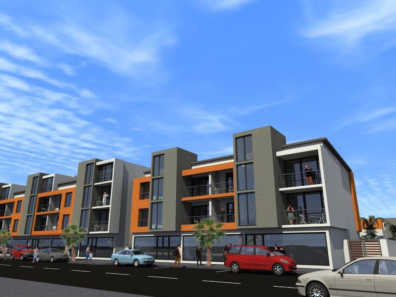A 3D architectural rendering of a modern multi-story apartment complex featuring balconies and ground-floor commercial space.