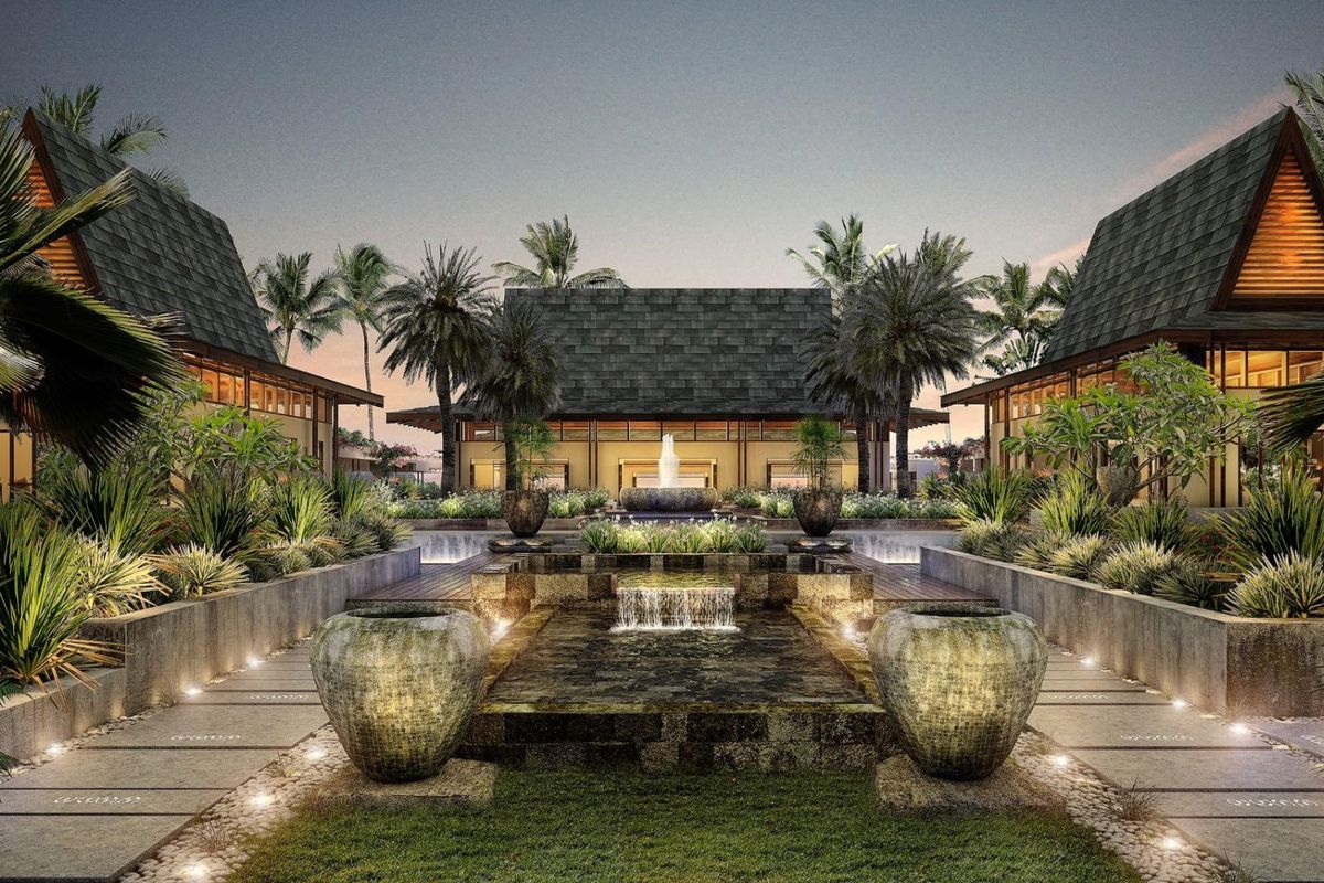 A professionally rendered exterior view of a luxury property featuring a central water feature, landscaped gardens, and symmetrical architectural structures.