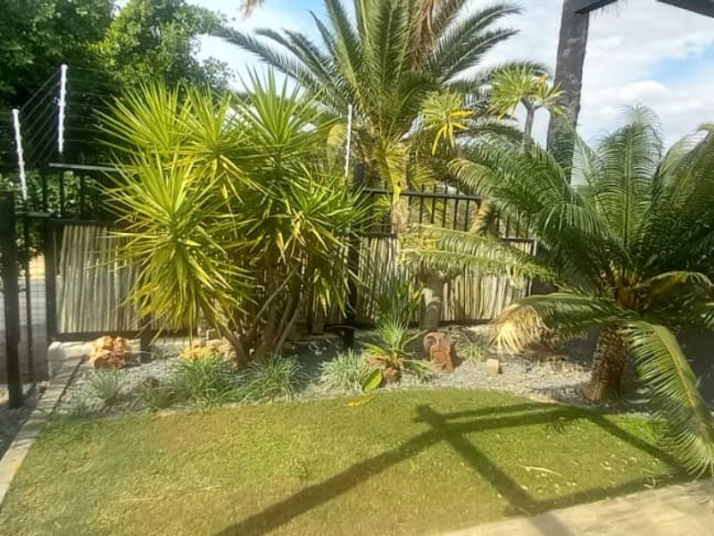 A covered patio area featuring a modern pergola structure, paved flooring, and established garden landscaping with secure perimeter fencing.