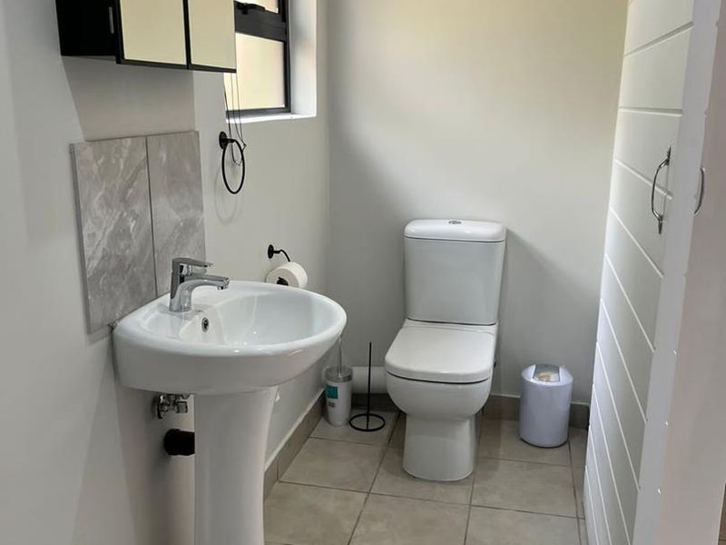 A clean and functional bathroom featuring a pedestal basin, modern toilet, and wall-mounted medicine cabinet with neutral tiled flooring.