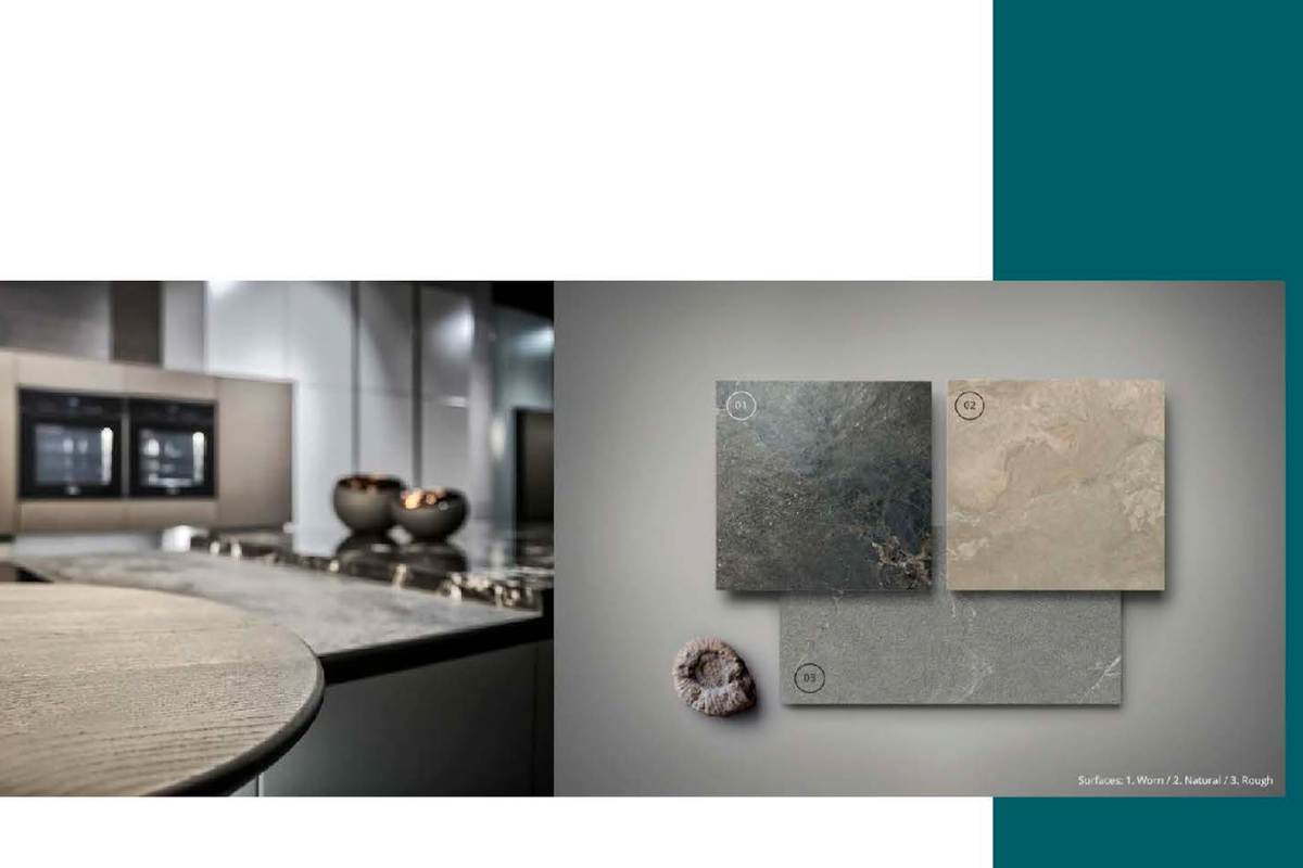 A modern kitchen featuring high-end cabinetry, integrated double ovens, and premium stone surface finishes, presented with material samples.