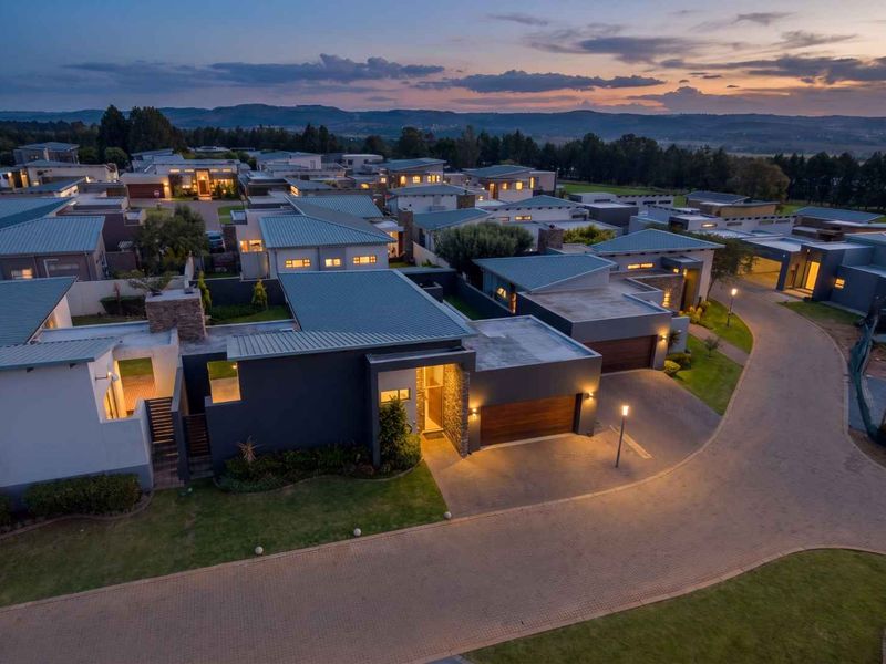Aerial twilight view of a modern residential estate featuring contemporary homes with metal roofs, stone accents, and paved driveways.