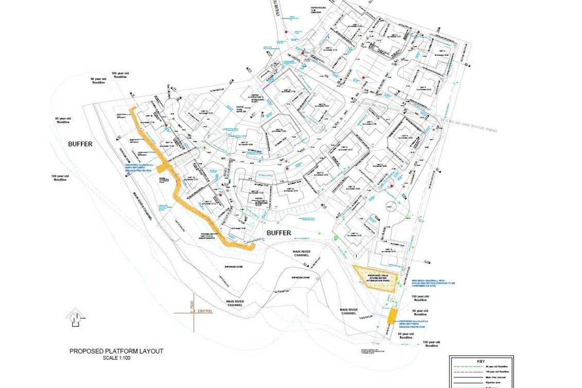 A detailed technical site plan showing the proposed platform layout, including floodlines, drainage channels, and infrastructure zones for the residential development.
