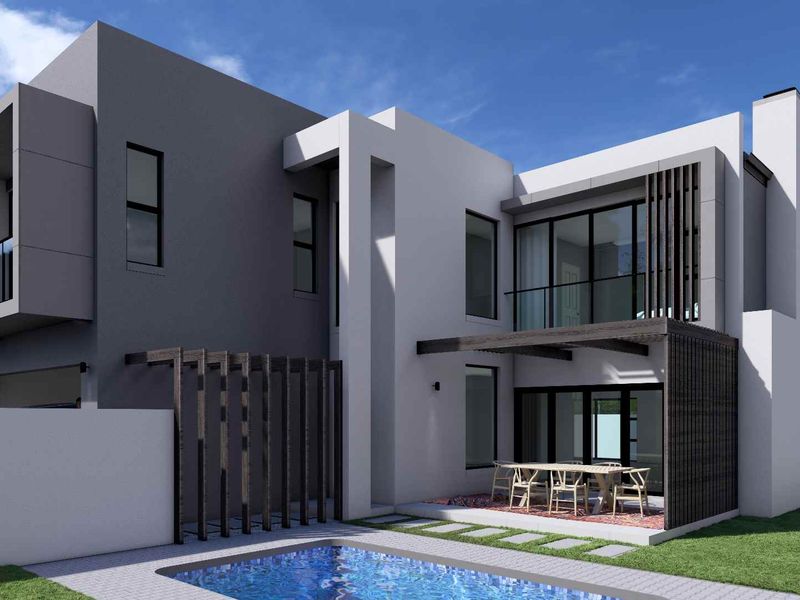 Modern double-story rear elevation featuring a swimming pool, covered patio with timber pergola, and upper-level balconies with contemporary architectural finishes.