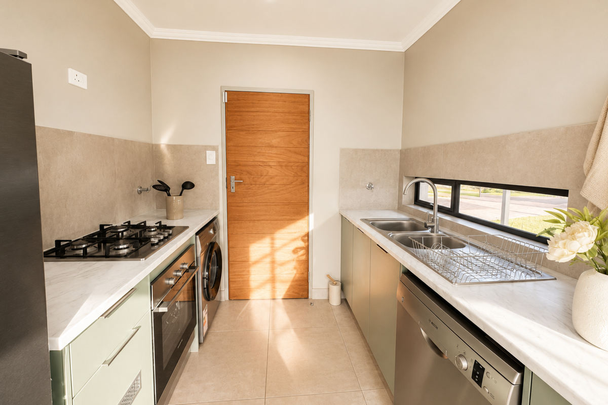 A modern, well-appointed scullery featuring light green cabinetry, marble-look countertops, a built-in gas hob, oven, and double sink with a horizontal window.