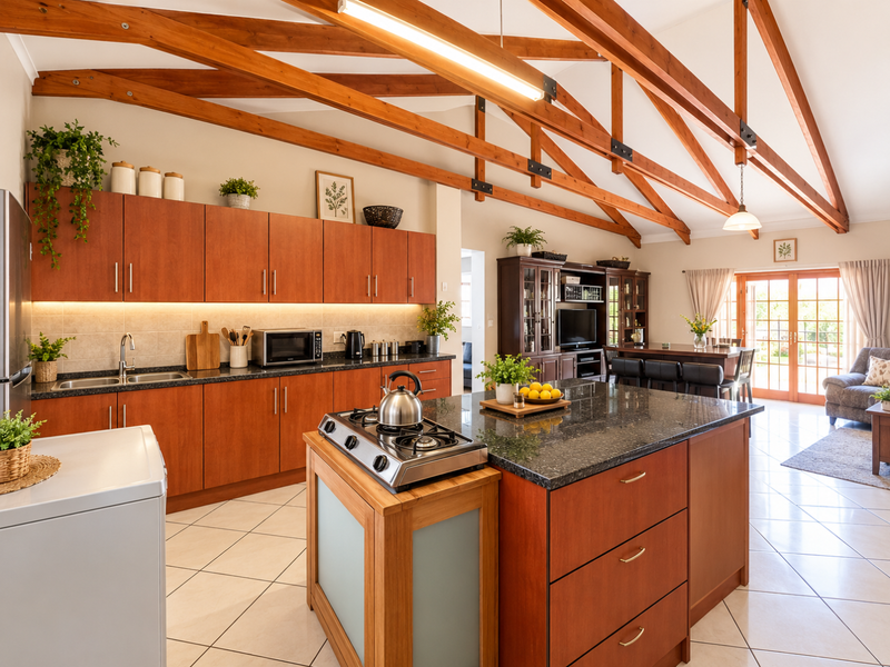 Spacious open-plan kitchen and living area featuring exposed timber trusses, granite countertops, a central island with gas cooktop, and direct access to the patio.