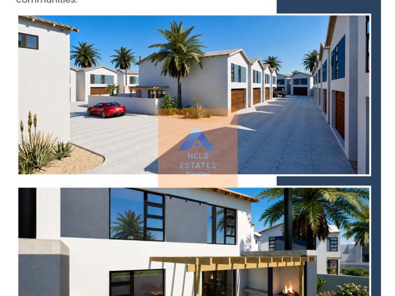 A modern townhouse rear exterior featuring a paved patio, timber pergola, and built-in braai area within a landscaped garden setting.
