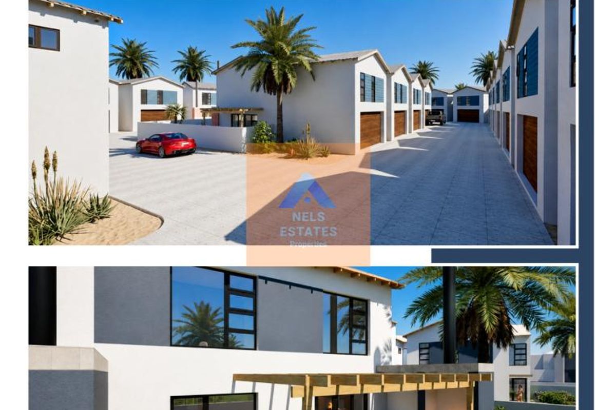 A modern townhouse rear exterior featuring a paved patio, timber pergola, and built-in braai area within a landscaped garden setting.