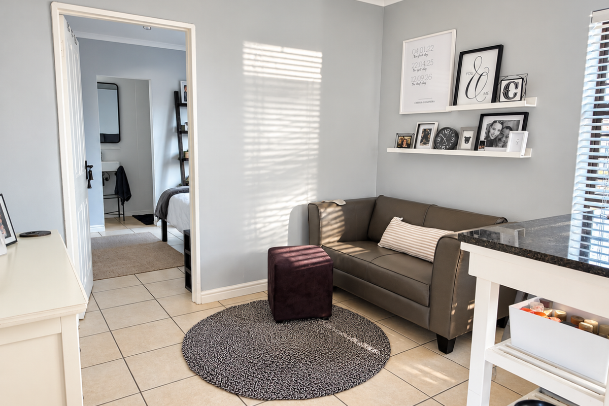 A well-maintained living area featuring neutral wall tones, tiled flooring, and natural light filtering through venetian blinds, with an open doorway leading to an adjacent room.