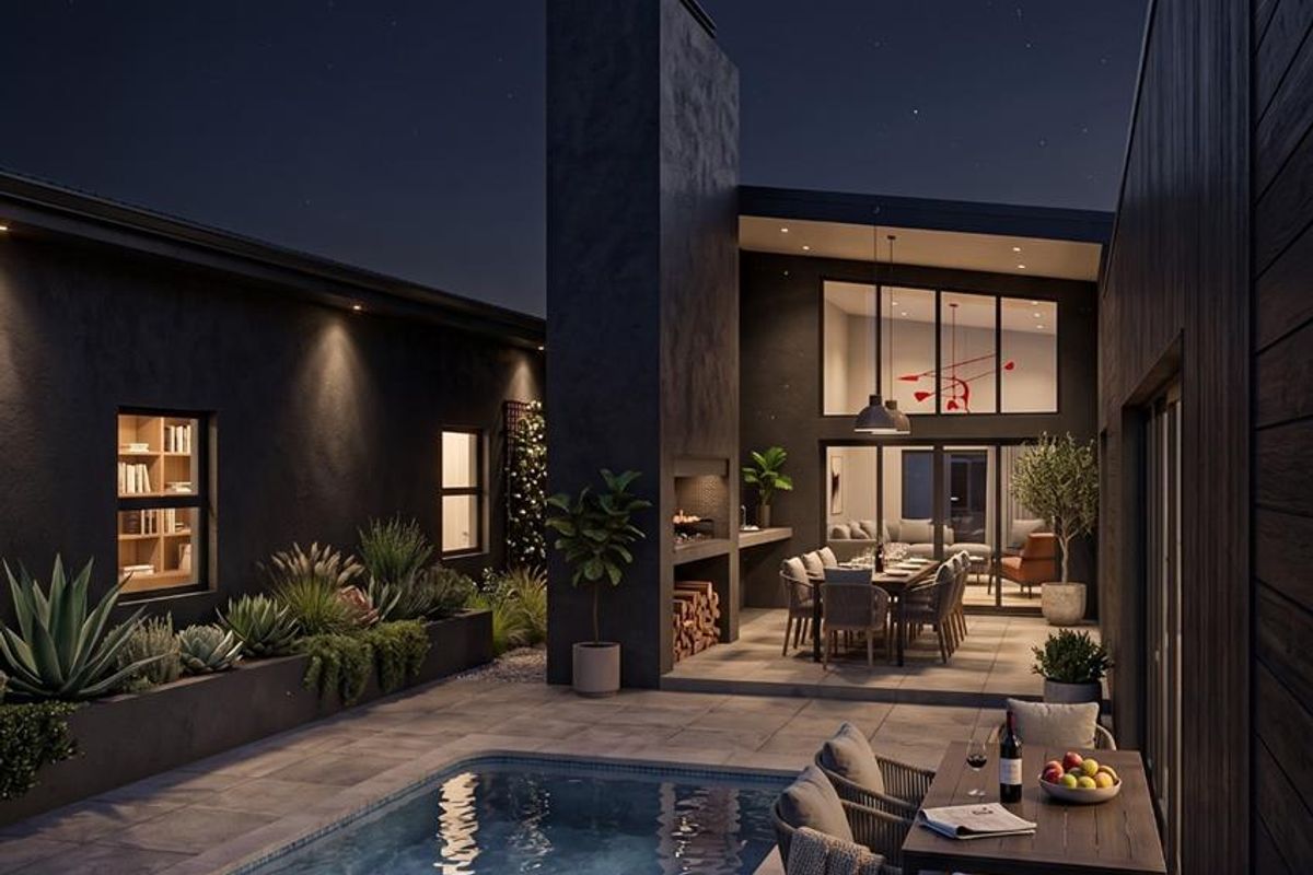 A modern outdoor entertainment area featuring a swimming pool, built-in fireplace, and tiled patio, perfect for evening relaxation and hosting.
