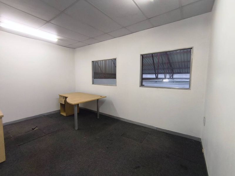 A functional office space featuring a suspended ceiling, fluorescent lighting, and aluminium-framed windows, currently vacant and ready for refurbishment.