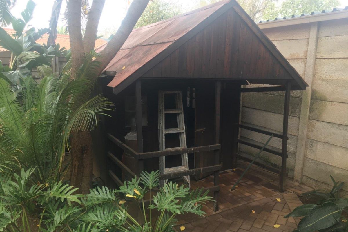 A small, weathered wooden garden shed with a rusted metal roof, situated in a backyard setting with paved flooring.
