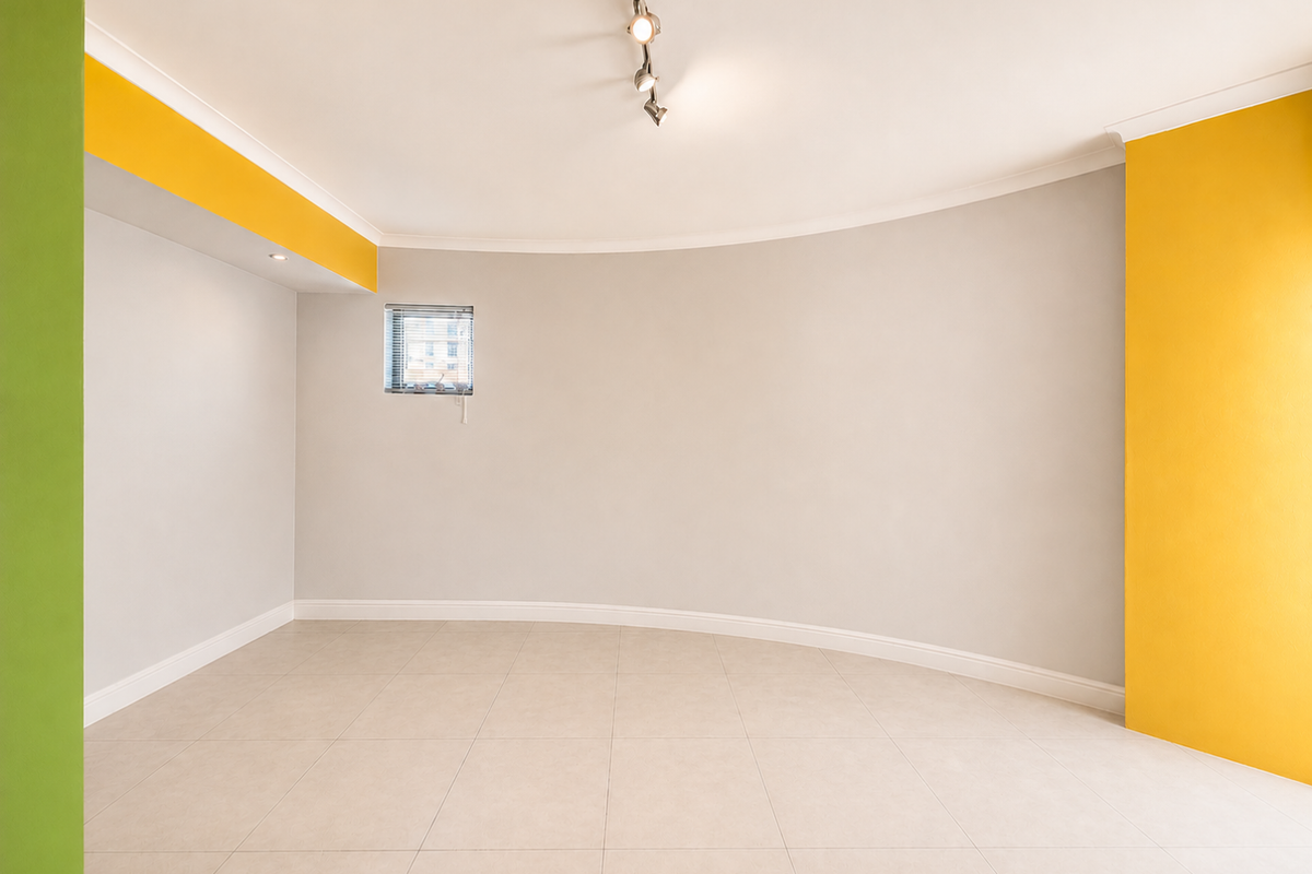 A bright, empty living area featuring neutral tiled flooring, a distinctive curved wall, and modern track lighting.