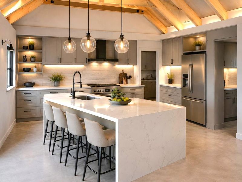 Modern kitchen featuring a large quartz island, custom cabinetry, exposed timber beams, and high-end stainless steel appliances under elegant pendant lighting.