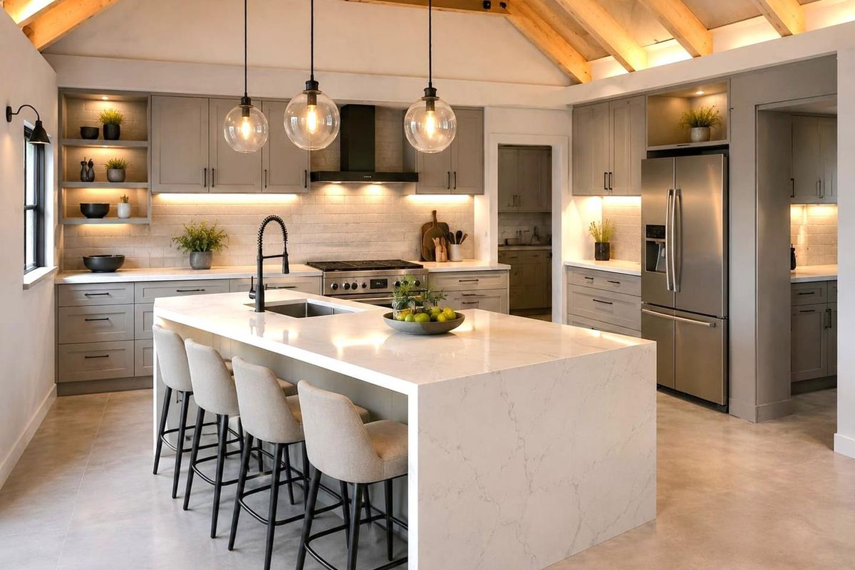 Modern kitchen featuring a large quartz island, custom cabinetry, exposed timber beams, and high-end stainless steel appliances under elegant pendant lighting.