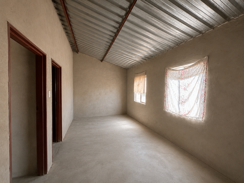 An empty, unfinished living area featuring exposed corrugated metal roofing, plastered walls, and cement flooring, offering a blank canvas for renovation.