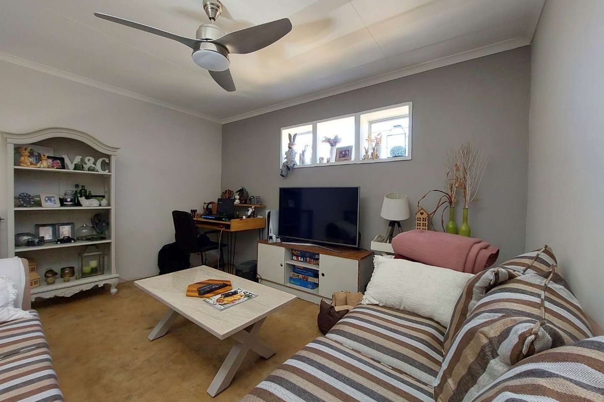 A comfortable living room featuring a ceiling fan, coved ceilings, and high-level windows that provide natural light.