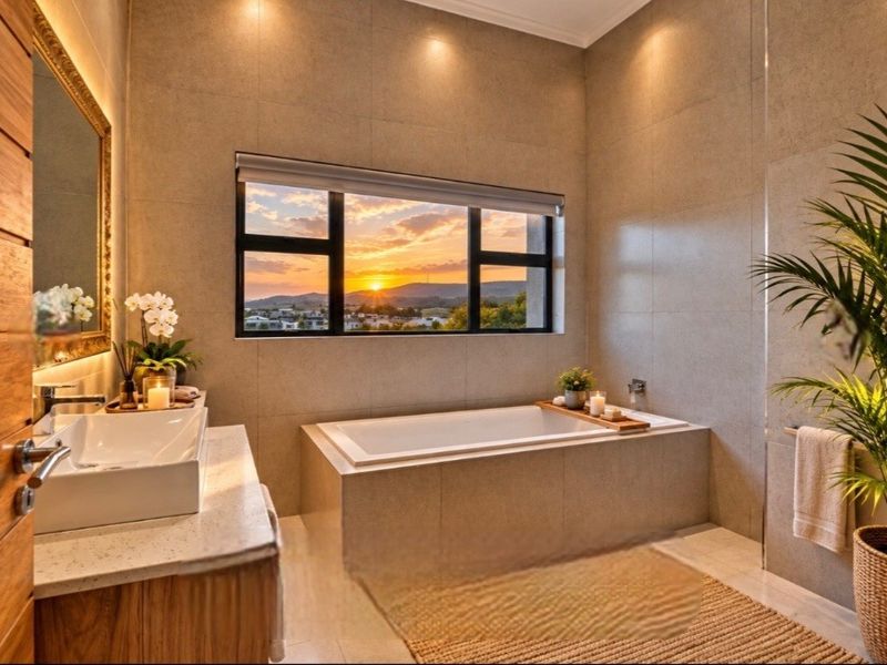 Modern bathroom featuring a built-in bathtub, stone-topped vanity, and large window with scenic sunset views.