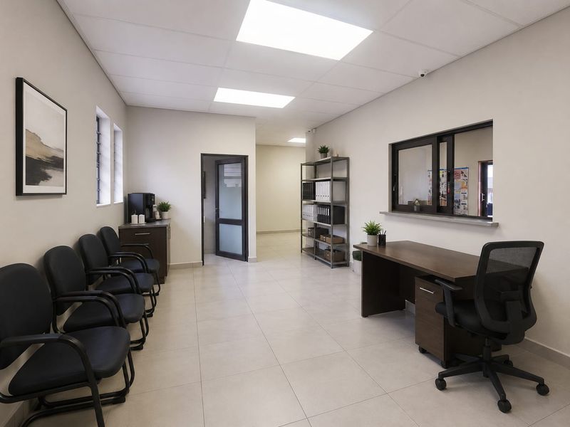 A professional office reception area featuring tiled flooring, a sliding service window, and a suspended ceiling with recessed lighting.