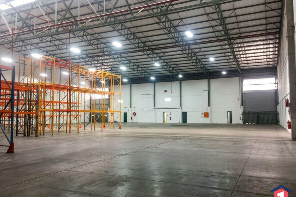 Spacious industrial warehouse featuring high-clearance steel truss roofing, polished concrete floors, integrated fire suppression systems, and heavy-duty racking units.