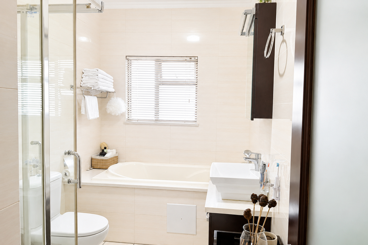 A well-maintained bathroom featuring a built-in bathtub, a separate glass-enclosed shower, and a modern vessel sink vanity with tiled finishes.