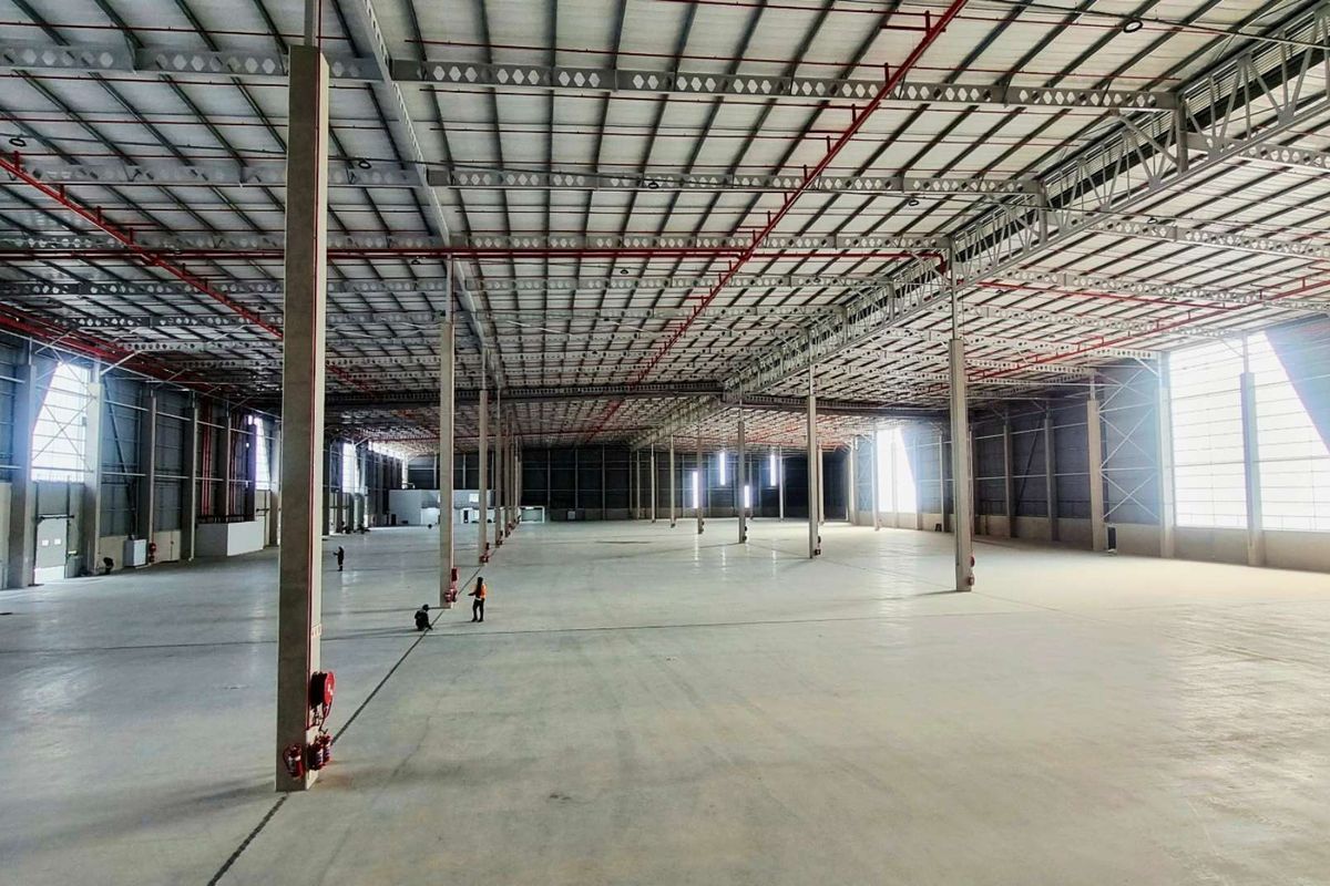 Expansive industrial warehouse space featuring high ceilings with exposed steel trusses, fire sprinkler systems, polished concrete flooring, and large roller shutter access doors.
