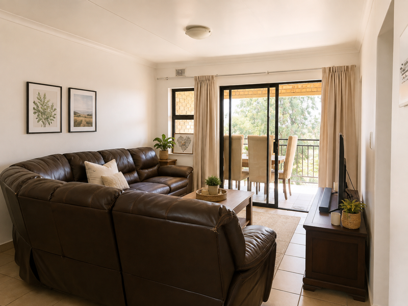 A comfortable living room featuring tiled flooring, cove cornicing, and a large sliding glass door providing direct access to an outdoor patio area.