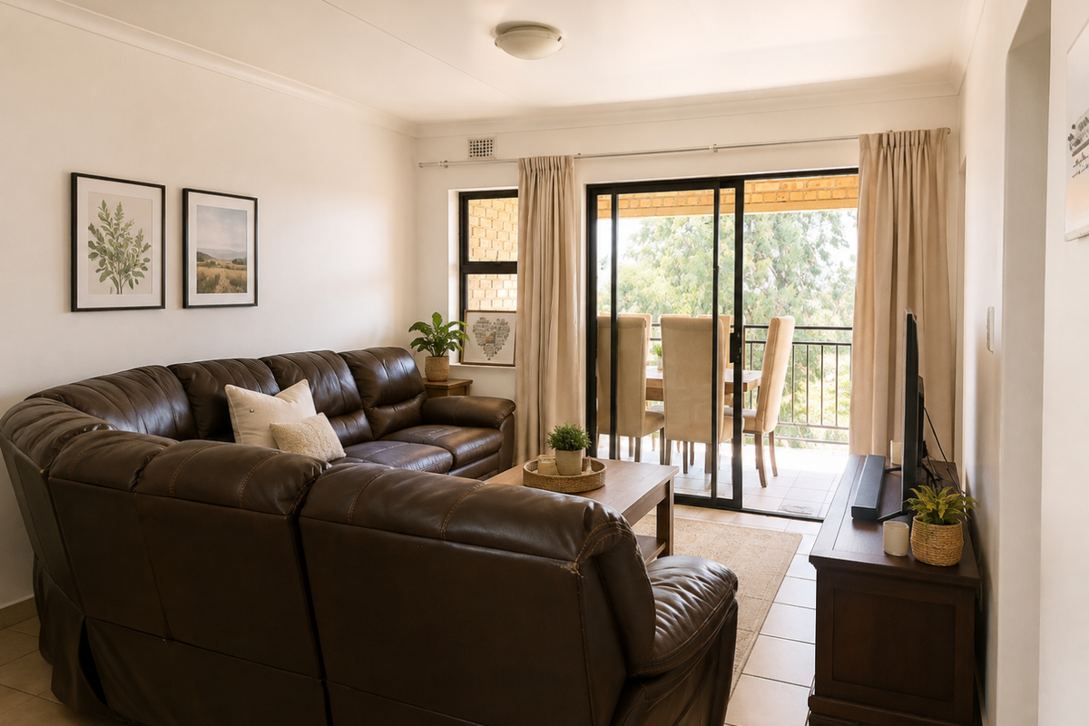 A comfortable living room featuring tiled flooring, cove cornicing, and a large sliding glass door providing direct access to an outdoor patio area.