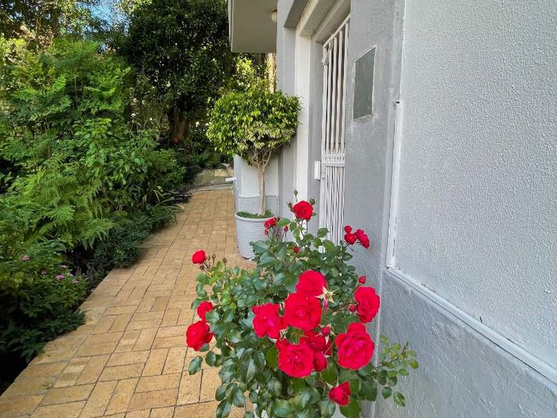 A well-maintained paved walkway along the side of the apartment building, featuring a secure entrance gate and lush garden surroundings.