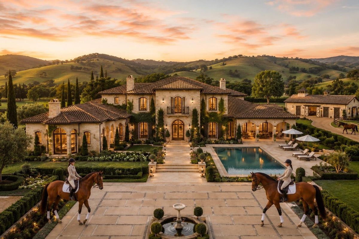 Stunning aerial view of a luxury Mediterranean-style estate featuring a stone facade, terracotta roof, swimming pool, and expansive landscaped grounds at sunset.