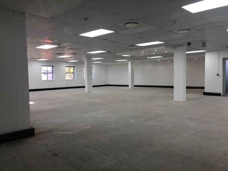 A large, open-plan commercial retail space featuring a suspended ceiling, recessed lighting, and structural columns, ready for custom fit-out.