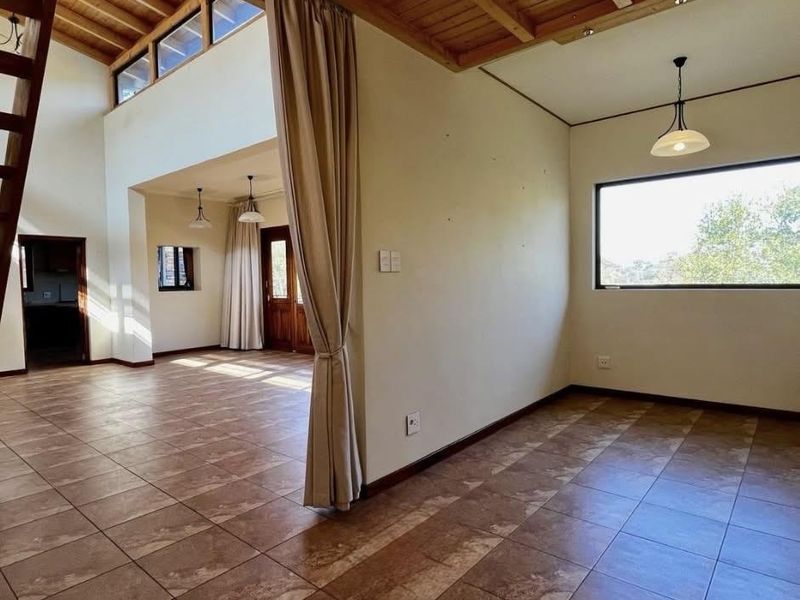Spacious open-plan living area featuring high exposed timber ceilings, tiled flooring, and abundant natural light from large windows and a timber staircase.