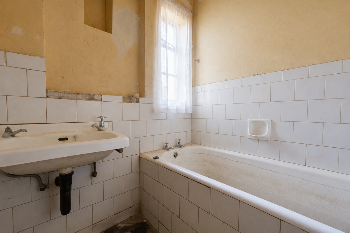 A dated bathroom featuring a wall-mounted basin and a built-in bathtub, requiring significant renovation and cosmetic updates to restore functionality and aesthetic appeal.