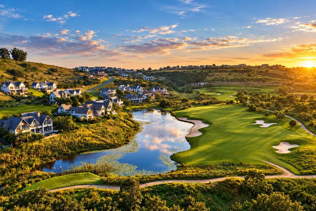 An aerial view of a residential estate overlooking a golf course and a scenic lake at sunset.