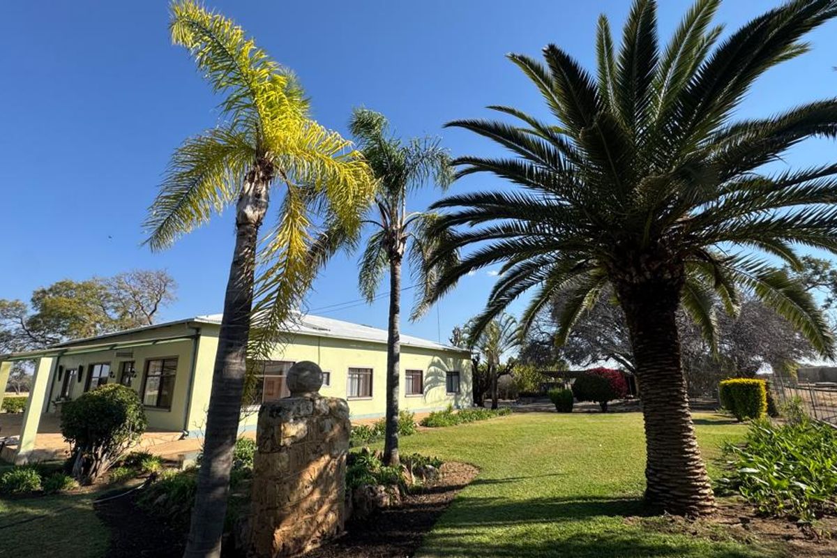 A view of the rear exterior of the farmhouse featuring a covered patio, well-maintained lawn, and mature palm trees in a spacious garden setting.
