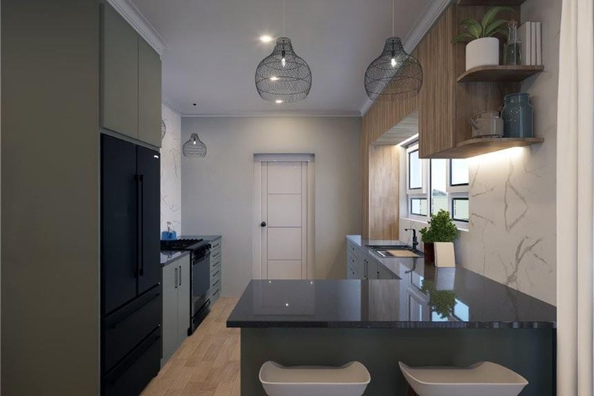Modern kitchen featuring dark stone countertops, integrated cabinetry, built-in oven, and a breakfast bar with pendant lighting.