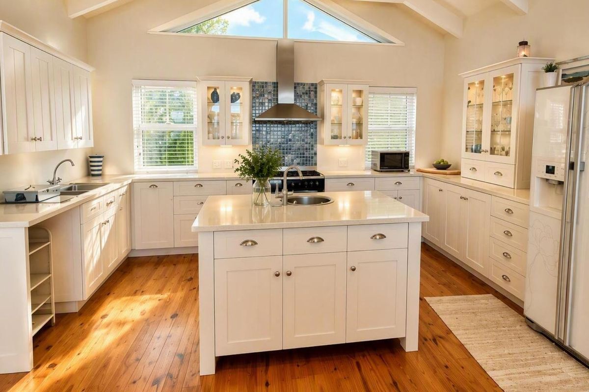 Bright, modern kitchen featuring white shaker cabinetry, quartz countertops, a central island, mosaic backsplash, and vaulted ceilings with a feature clerestory window.