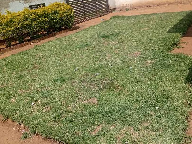 A private garden area featuring a lawn, perimeter wall, and metal gate access.