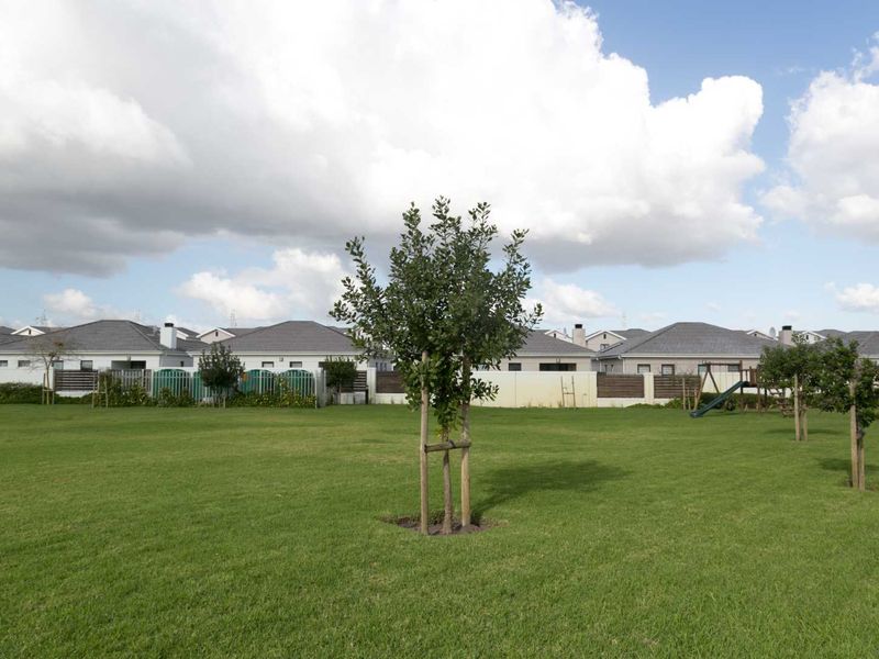 A well-maintained communal garden area featuring a manicured lawn, young trees, and perimeter boundary walling within a residential estate.