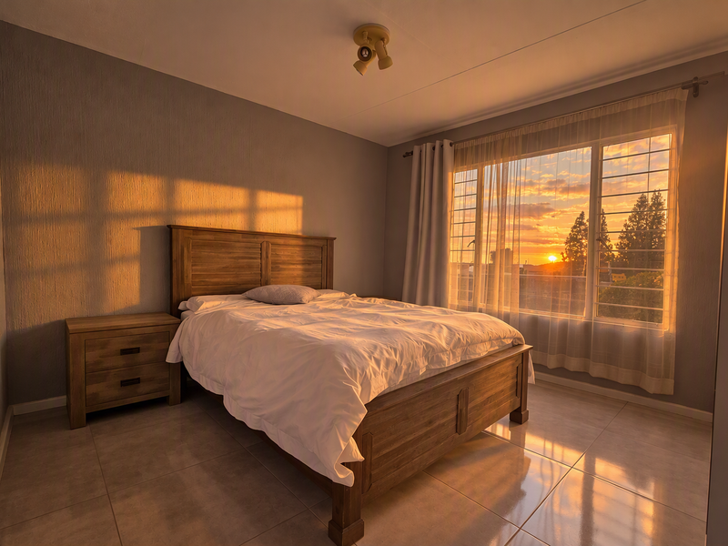 A well-lit bedroom featuring tiled flooring and a large window with security bars, capturing a warm sunset view.