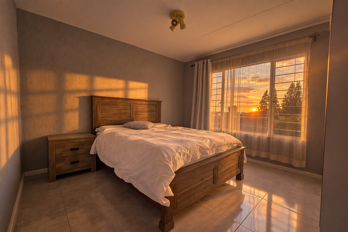 A well-lit bedroom featuring tiled flooring and a large window with security bars, capturing a warm sunset view.