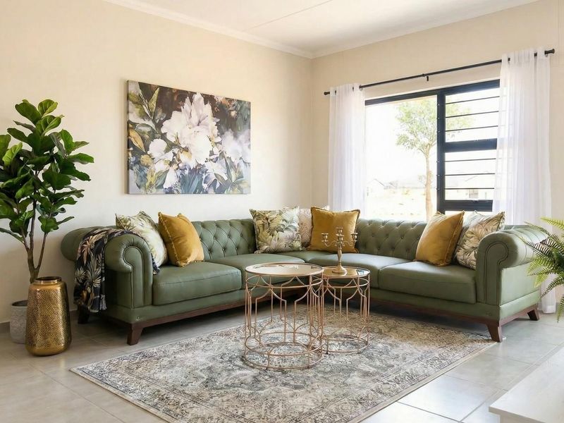 A bright and well-maintained living room featuring neutral tiled flooring and a large window with modern aluminium frames.