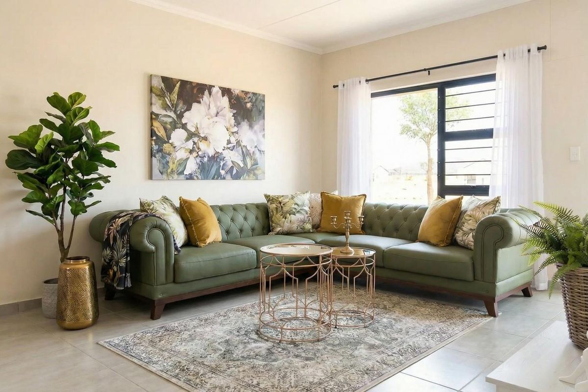 A bright and well-maintained living room featuring neutral tiled flooring and a large window with modern aluminium frames.
