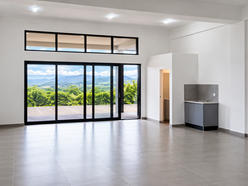 Spacious, modern office area featuring large sliding glass doors with scenic views, tiled flooring, and a compact built-in kitchenette.