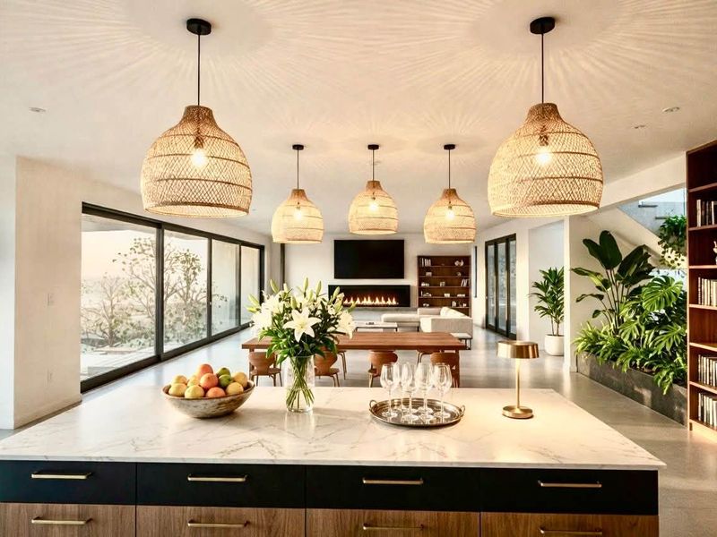 Spacious open-plan living area featuring a modern kitchen island with marble countertop, built-in fireplace, and expansive sliding glass doors leading to the outdoors.