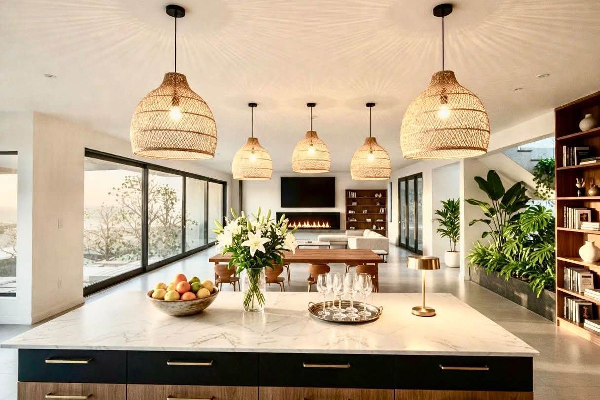Spacious open-plan living area featuring a modern kitchen island with marble countertop, built-in fireplace, and expansive sliding glass doors leading to the outdoors.