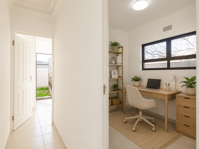A bright home office featuring tiled flooring, a black-framed window, and a ceiling ventilation grille, providing a functional workspace.